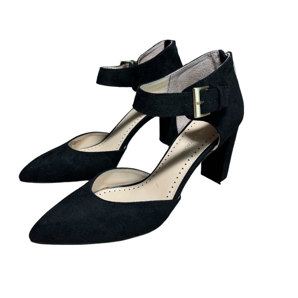 Adrienne Vittadini Black Suede Pointed Toe Block Heel Pumps with Ankle Strap